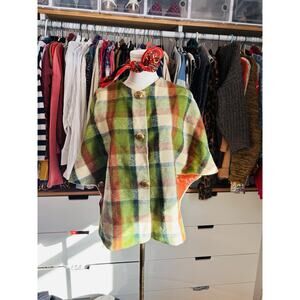 Vintage Retro 60 Wool Plaid Cape Poncho Coat Medium Green Red Gold Button